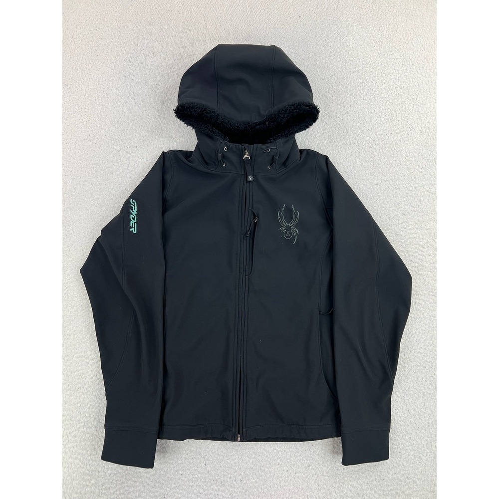 Spyder Jacket Womens Medium Black Hooded Softshell Faux Fur Lined Ski Winter